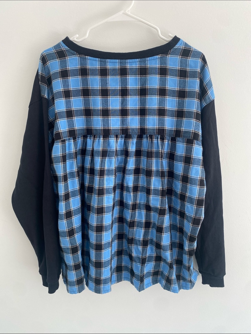 Anthropologie Pilcro Crew Neck Sweatshirt Tartan Swing Back Top Black Blue LARGE